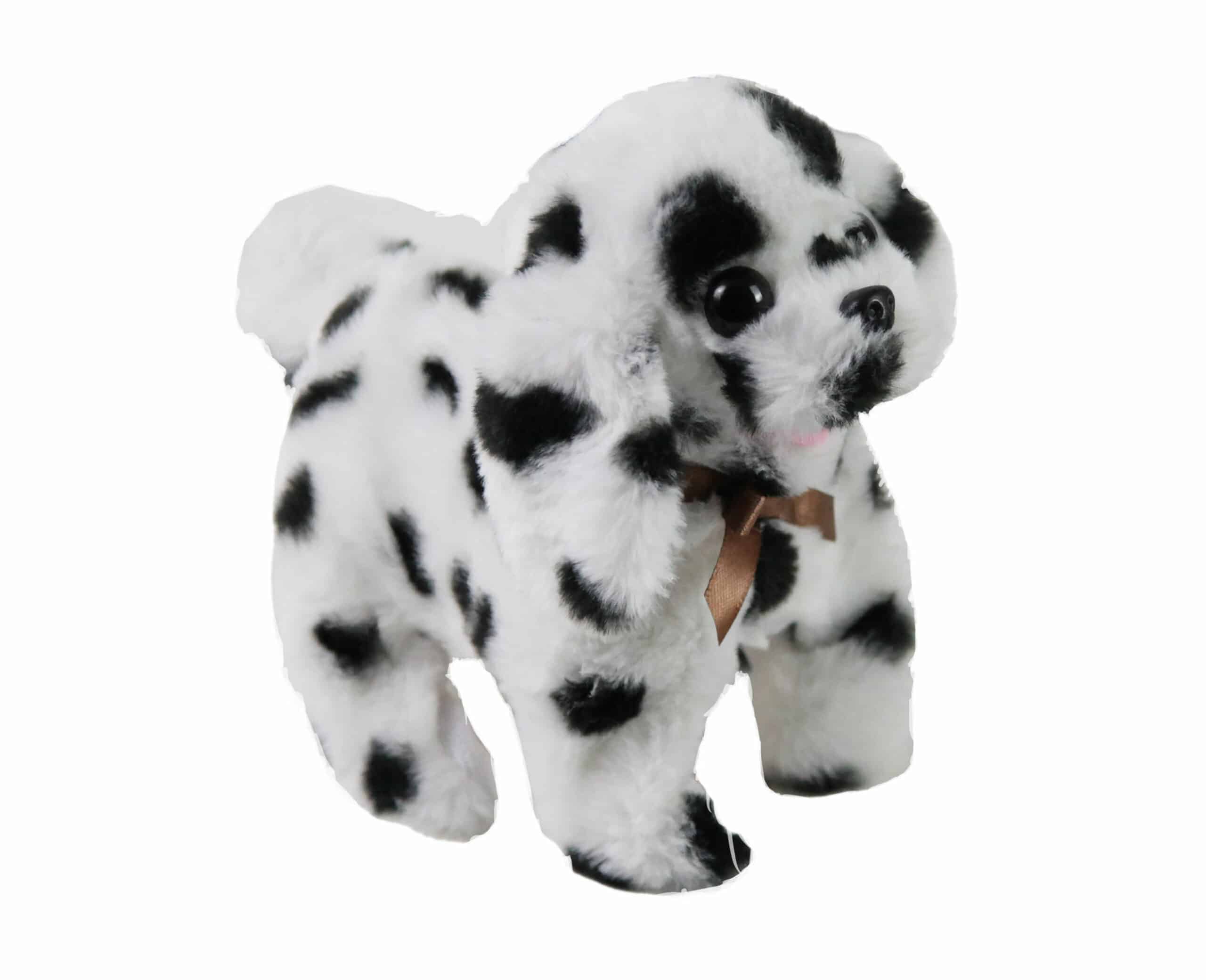 Black and white Dalmatian stuffed animal with brown bow.