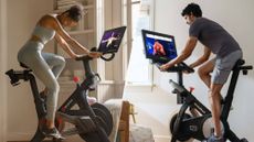 Composite of a woman riding the Peloton Bike Plus and a man riding the NordicTrack S22i Studio bike at home