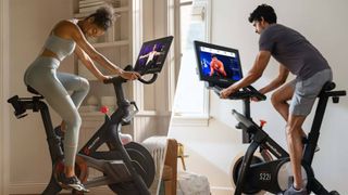 Composite of a woman riding the Peloton Bike Plus and a man riding the NordicTrack S22i Studio bike at home