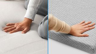 A split screen of Tempur-Adapt mattress topper vs Casper Comfy Mattress Topper